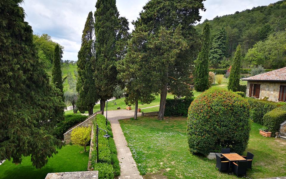 Giardino con vialetto, alberi alti e tavolo da esterno, immerso nel verde.
